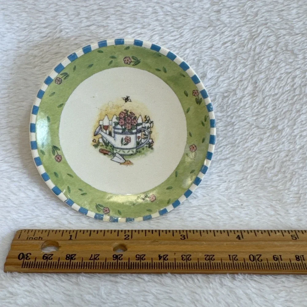 Ceramic Footed Candle‎ Plate Watering Can Floral Garden Blue Striped Rim 4